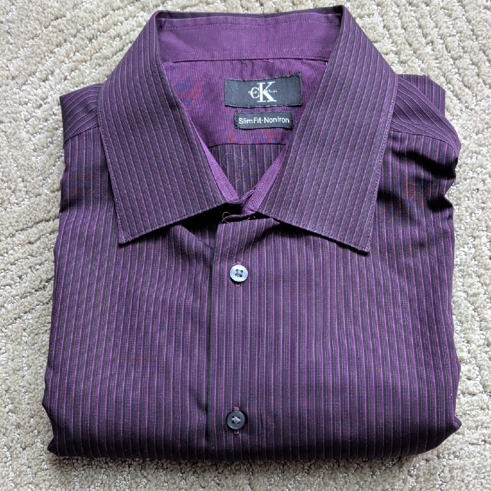 Calvin Klein Men's Dark Purple Striped Dress Shirt